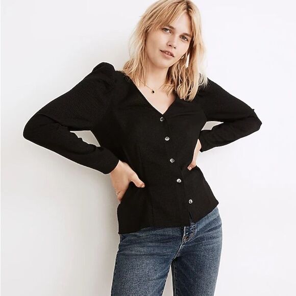 Madewell Tops - Madewell Westover V-Neck Collared Button Long Sleeves Puff Shoulders Small